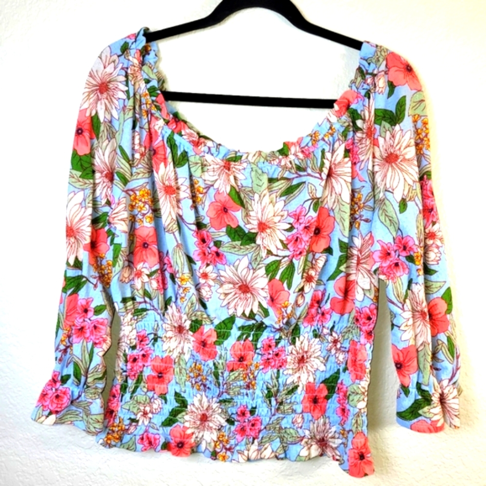S.C. Society Floral Crop Off Shoulder Ruffle Trim Cuffs Resort Vacation Blouse